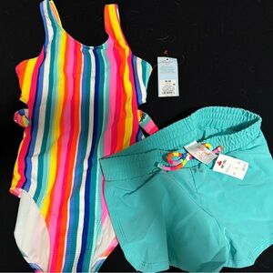 Colorful Striped Swimsuit and Teal Shorts Set cat & jack size 8 NWT